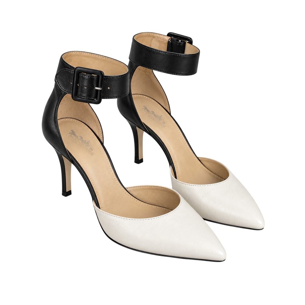 Coach and Four Black White Leather Ankle Strap Pointed Toe Heels Pumps 7.5